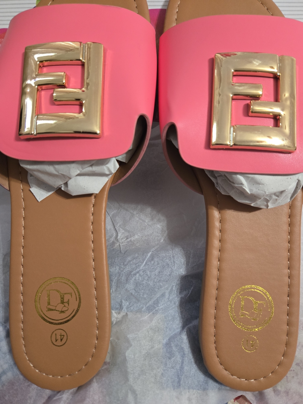 Pink Slide Sandals with Gold Emblem